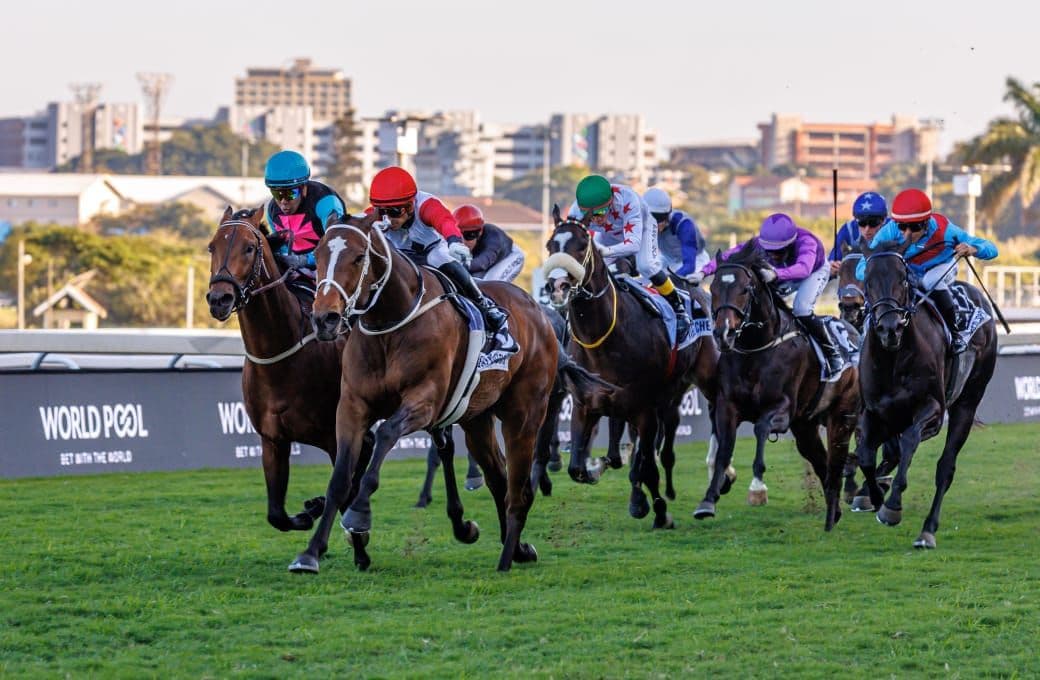 Kazenoyoni, on the left in the SAPFS black and pink silks with blue cap, fighting out the finish of the Grade 1 Premiers Champion Stakes at Hollywoodbets Greyville